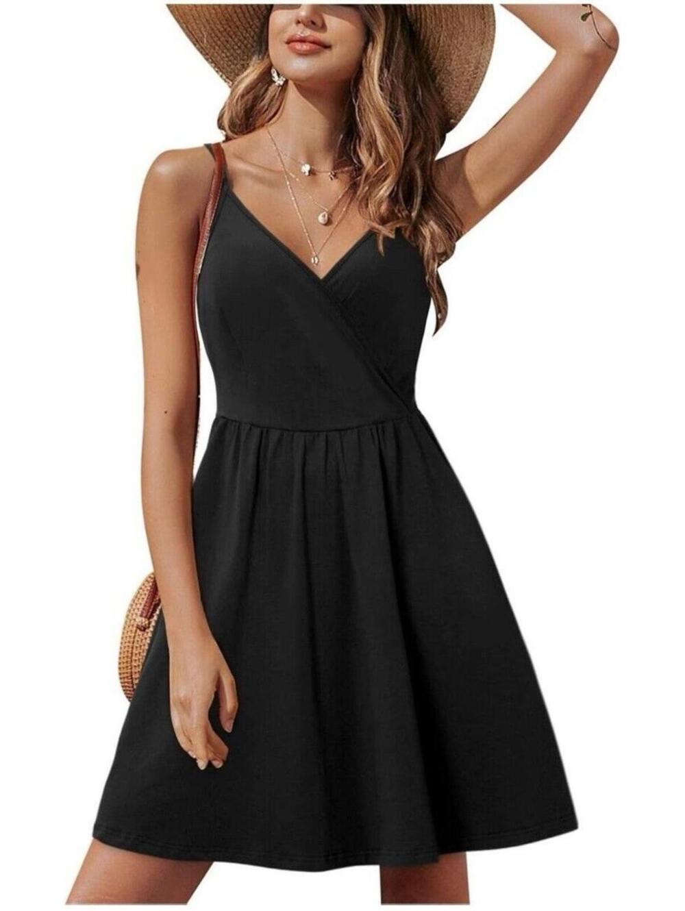 Women's Summer Black Dress Cute Fit and Flare, V-Neck & Pockets Spaghetti Straps